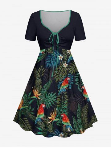 Robe hawaïenne grande taille à imprimé tropical et fleurs perroquets, cintrée - BLACK - S