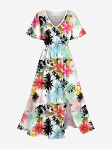 Robe mi-longue hawaïenne fendue à imprimé colorblock fleurs et cocotiers grande taille - MULTI - 4X