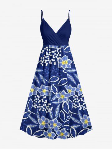 Plus Size Flower Leaf Branch Print Hawaii Surplice A Line Cami Dress - CADETBLUE - XS
