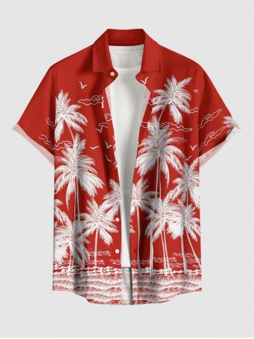 Plus Size Coconut Tree Sea Bird Print Hawaii Button Pocket Shirt For Men - RED - S