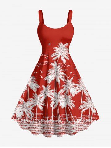 Plus Size Coconut Tree Sea Bird Print Hawaii A Line Dress - RED - XS