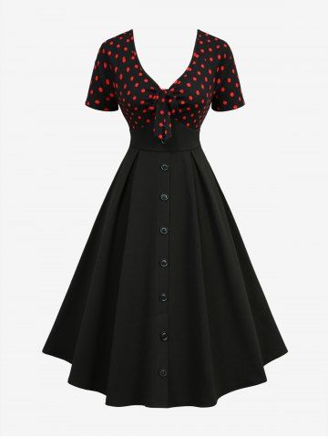 Plus Size Polka Dot Print Button Vintage A Line Dress - BLACK - L | US 12