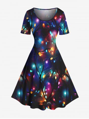 Plus Size Christmas Light Glitter 3D Print Vintage Dress - BLACK - 4X
