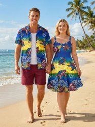 Turtle Fish Colorblock Print Plus Size Matching Hawaii Beach Outfit For Couples -  