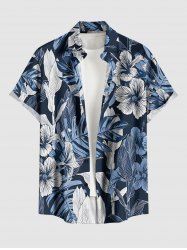 Chemise hawaïenne grande taille pour homme, à imprimé feuilles tropicales et fleurs d'hibiscus, boutons et poche. - Cadetblue S