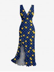 Flower Pin Dot Print Hawaii Ruffles Split Dress -  