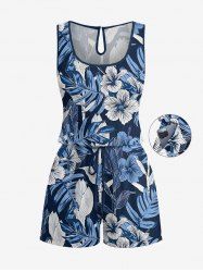 Combinaison hawaïenne grande taille à imprimé de feuilles tropicales et fleurs d'hibiscus, cintrée - Cadetblue 5X