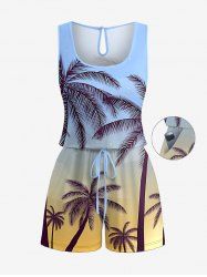 Combinaison hawaïenne grande taille à imprimé ombré de cocotiers et ceinture - Bleu Ciel 1X