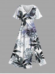 Robe mi-longue hawaïenne fendue à imprimé floral et feuilles grande taille - Blanc 5X