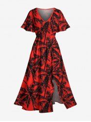 Robe mi-longue hawaïenne fendue à imprimé cocotier grande taille - Rouge 5X