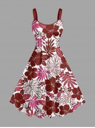 Robe débardeur hawaïenne à imprimé feuilles tropicales et fleurs d'hibiscus grande taille - Rouge Vineux 4X
