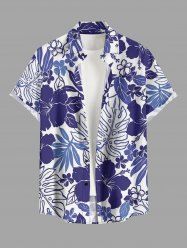 Chemise hawaïenne grande taille pour homme, à imprimé feuilles tropicales et fleurs d'hibiscus, boutons et poche. - Bleu Marine 5XL