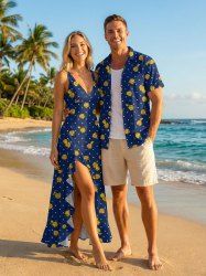 Flower Pin Dot Print Matching Hawaii Beach Outfit For Couples -  