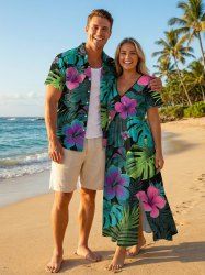 Ensemble de plage hawaïen assorti pour couples, imprimé feuilles tropicales et fleurs d'hibiscus, grandes tailles - Vert 
