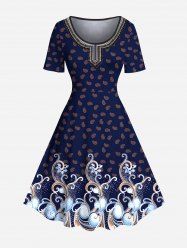 Robe trapèze hawaïenne à imprimé floral ethnique et cachemire grande taille - Cadetblue 5X