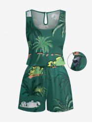 Plus Size Coconut Tree Plant Cloud Print Hawaii Drawstring Pocket Romper -  