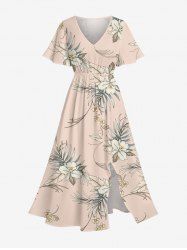 Flowers Leaf Tropical Print Split Hawaii Midi Dress -  