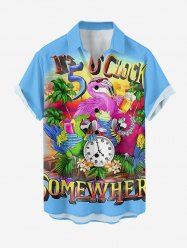 Plus Size Parrot Flower Coconut Tree Clock Print Buttons Pocket Hawaii Shirt For Men -  
