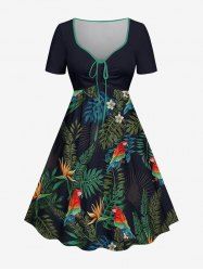 Plus Size Parrot Flowers Tropical Leaf Print Cinched Hawaii Dress -  