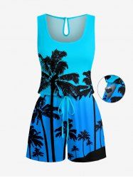 Plus Size Coconut Tree Ombre Print Cinched Hawaii Romper -  
