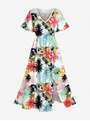 Plus Size Flowers Coconut Tree Colorblock Print Split Hawaii Midi Dress -  