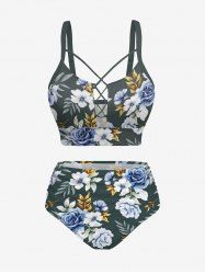 Flower Tropical Leaf Print Hawaii Lace Up Tankini Swimsuit (Adjustable Shoulder Strap) -  