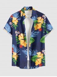 Chemise à poches boutons grande taille pour homme, imprimée de fleurs d'hibiscus et de feuilles tropicales, style hawaïen. - Cadetblue XL