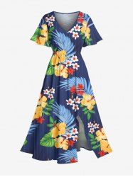 Tropical Leaf Hibiscus Flower Print Hawaii Split Pocket A Line Midi Dress -  