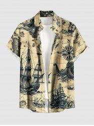 Plus Size Octopus Sailboat Sea Map Print Hawaii Cruise Button Pocket Shirt For Men -  