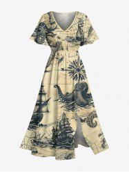 Plus Size Octopus Sailboat Sea Map Print Hawaii Cruise Split Pocket A Line Midi Dress -  