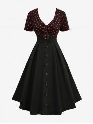 Plus Size Polka Dot Print Button Vintage A Line Dress - Noir 5x | US 30-32