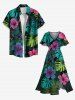 Ensemble de plage hawaïen assorti pour couples, imprimé feuilles tropicales et fleurs d'hibiscus, grandes tailles - Vert 