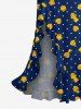 Flower Pin Dot Print Hawaii Ruffles Split Dress -  