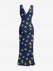 Flower Pin Dot Print Hawaii Ruffles Split Dress -  