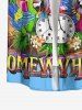 Plus Size Parrot Flower Coconut Tree Clock Print Buttons Pocket Hawaii Shirt For Men -  