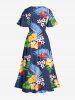 Tropical Leaf Hibiscus Flower Print Hawaii Split Pocket A Line Midi Dress -  