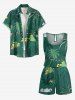 Plus Size Coconut Tree Plant Cloud Print Hawaii Drawstring Pocket Romper -  