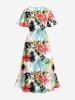 Plus Size Flowers Coconut Tree Colorblock Print Split Hawaii Midi Dress -  