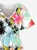 Plus Size Flowers Coconut Tree Colorblock Print Split Hawaii Midi Dress -  