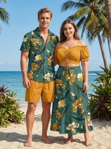 Ensemble de plage hawaïen assorti grande taille à imprimé fleurs et feuilles pour couples - YELLOW