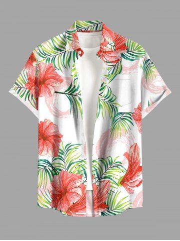 Chemise hawaïenne grande taille pour homme, à imprimé floral d'hibiscus et feuilles tropicales, avec boutons et poche. - WHITE - 2XL
