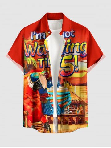 Plus Size Parrot Coconut Tree Bar Seascape Print Buttons Pocket Hawaii Shirt For Men - RED - L