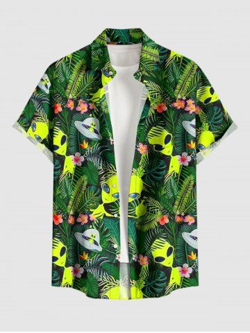 Chemise hawaïenne Elien à imprimé OVNI, grandes tailles, fleurs tropicales, boutons et poche, pour homme - GREEN - 2XL