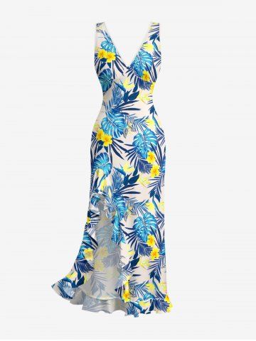 Robe hawaïenne à volants, fente et décolleté cache-cœur, imprimée de feuilles tropicales et de fleurs d'hibis - SKY BLUE - XL