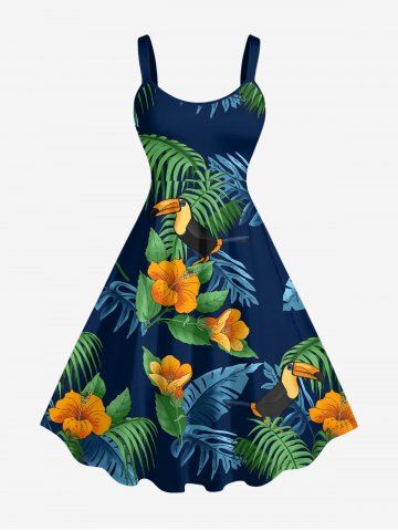 Plus Size Tropical Leaf Hibiscus Flower Parrot Print Hawaii A Line Dress - PEACOCK BLUE - 5X