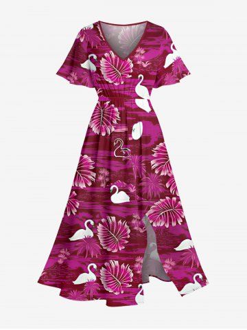 Robe mi-longue hawaïenne fendue à imprimé cygne et feuilles de cocotier, grande taille - ROSE RED - 3X