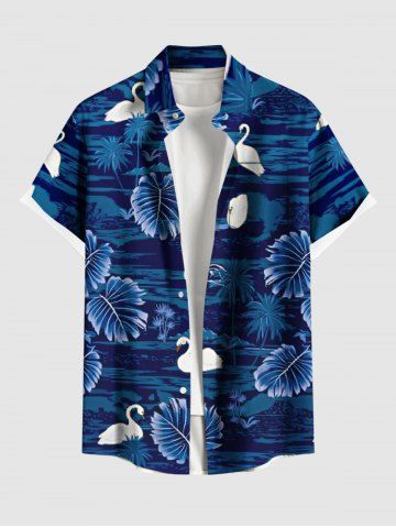 Chemise hawaïenne grande taille pour homme, à imprimé cygne et feuilles de cocotier, boutons et poche. - DEEP BLUE - 6XL