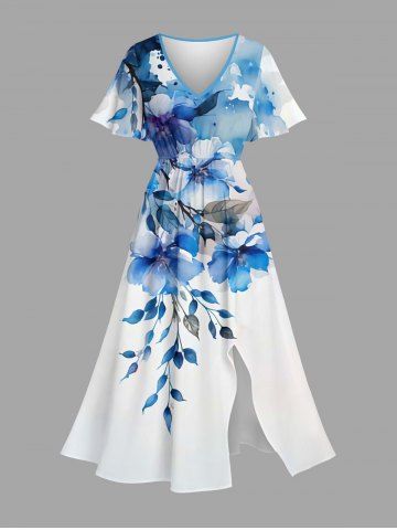 Robe mi-longue hawaïenne fendue à imprimé aquarelle fleurs et feuilles grande taille - WHITE - L
