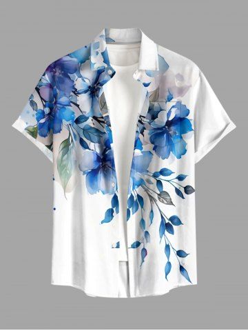 Chemise hawaïenne grande taille pour homme, à imprimé aquarelle de fleurs et de feuilles, boutons et poche. - WHITE - 3XL