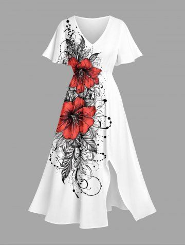 Robe mi-longue hawaïenne fendue à imprimé feuilles et fleurs d'hibiscus grande taille - WHITE - L
